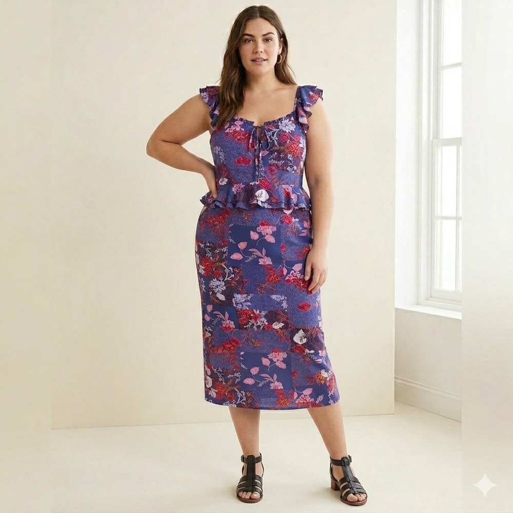Sofia Vergara Sweetheart Midi Dress Womens XXXL 3X Purple Ruffle Cap Sleeve